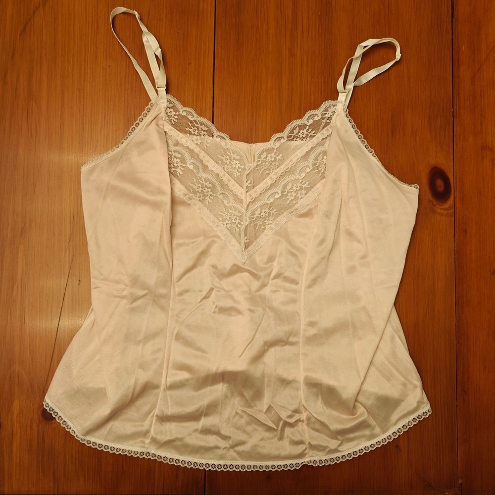 90s Vintage Pale Pink Lace Trim Nylon Camisole Slip Top Women's L Body Lites Y2K